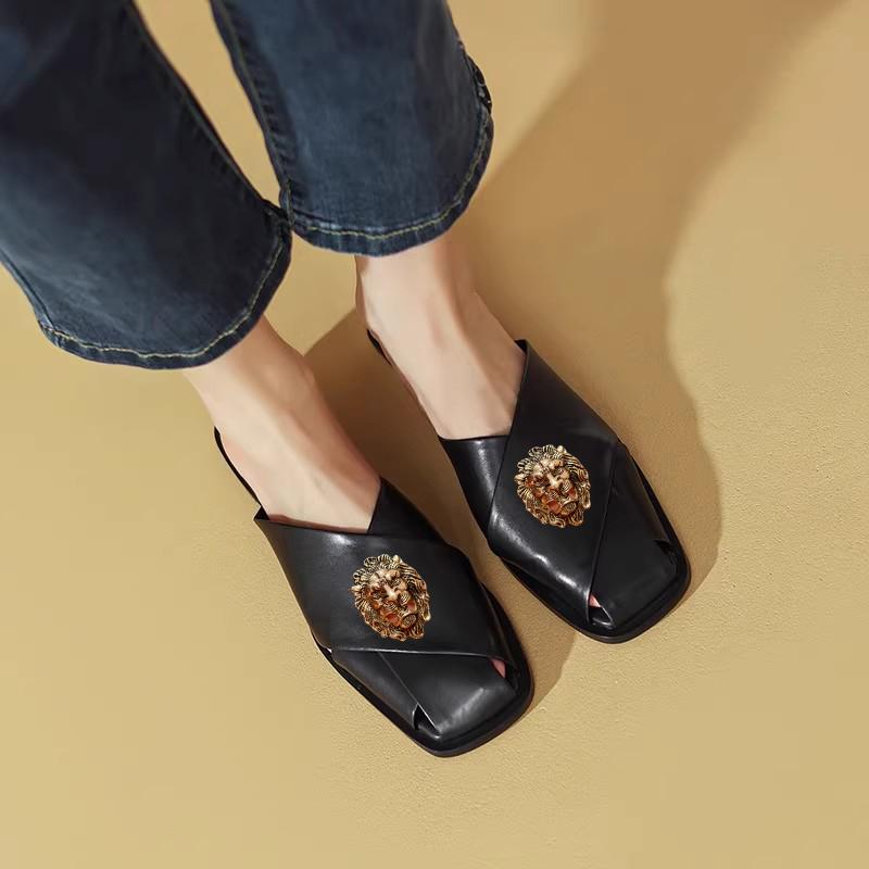Fashion Hot Genuine Leather Square Toe Low Heel Mules Concise Style Solid Young Lady Daily Wear Casual Cozy Outside Slippers T58