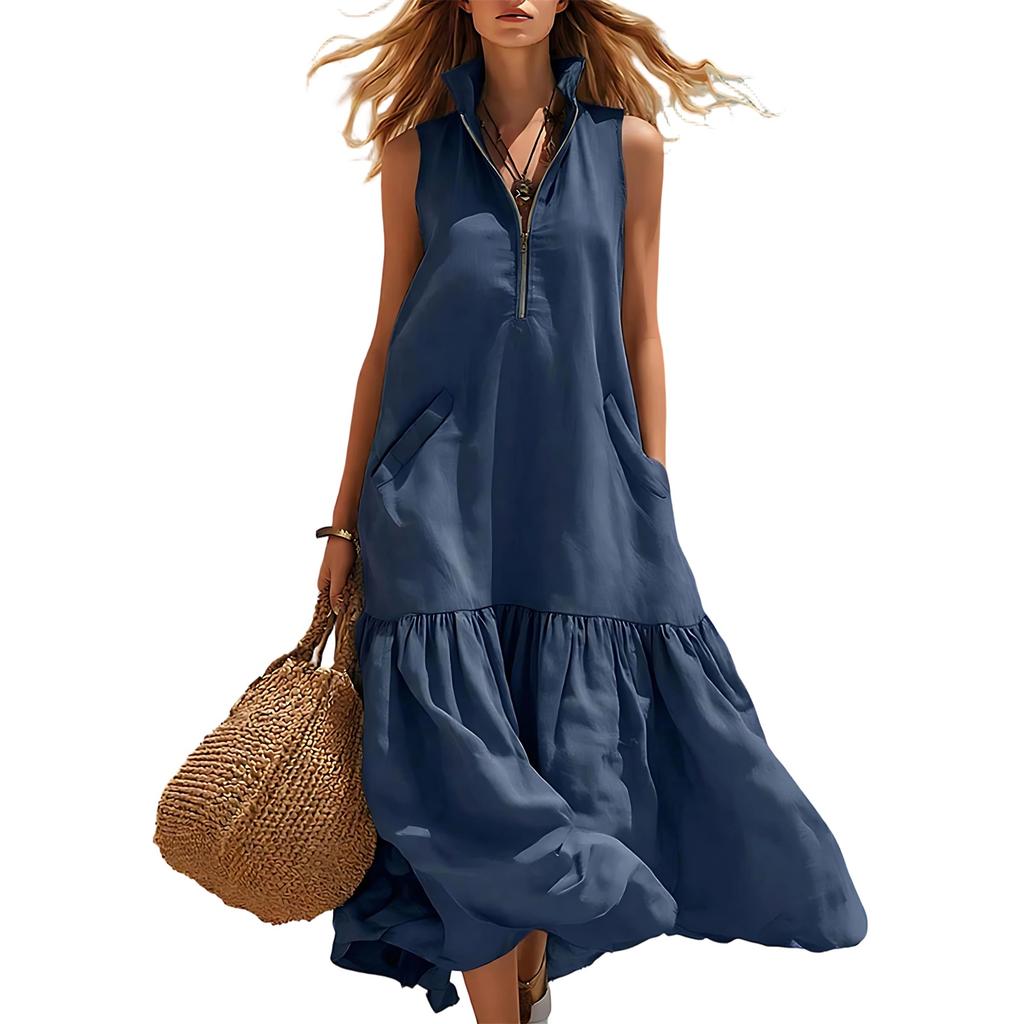 Women’s Casual Sleeveless Ruffle Hem Dress with Zipper Front and Stand Collar Loose Fit Summer Sundress