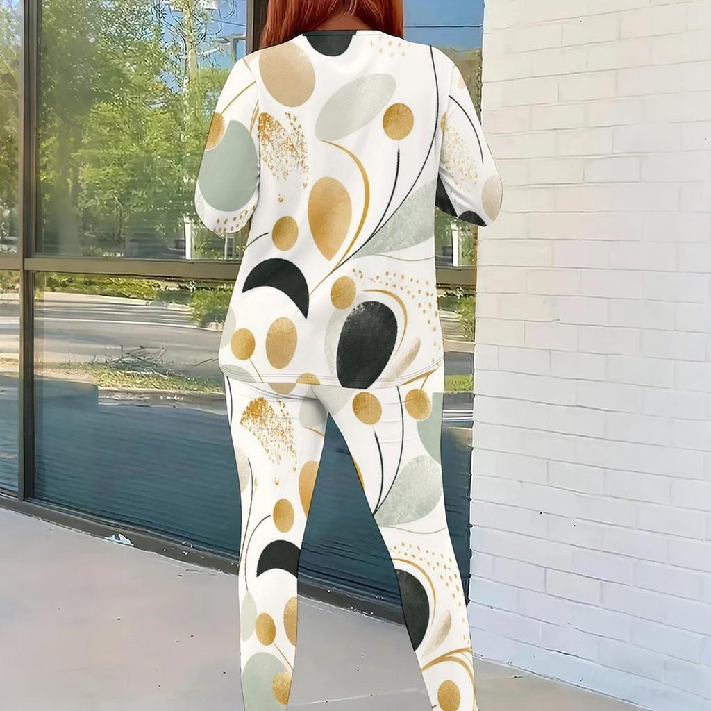 Women Plus Size Round Neck Long Sleeve Floral Printed Top And Fitted Pants Two Piece Set