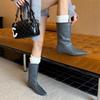 Cowhide version~ Fashion square head woven wide tube wedge short boots women's versatile medium boots French retro thin women's boots