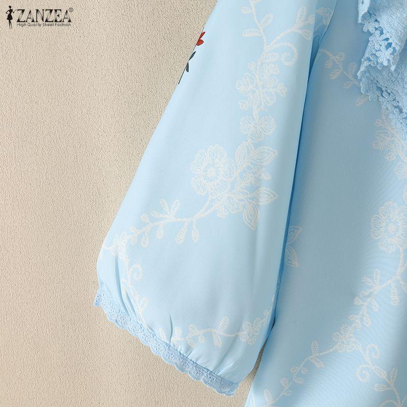 ZANZEA Women Summer Lace Splice V-Neck Floral Print Casual 3/4 Sleeve Blouse