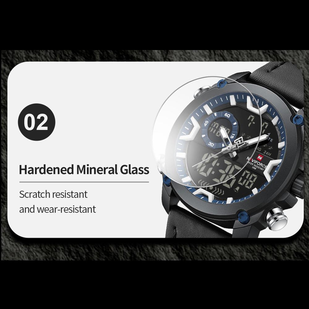 NAVIFORCE Original Men Quartz LCD Digital Watch Leather Strap Waterproof Luminous Pointer Calendar Date Men Boys Casual Watch NF9261