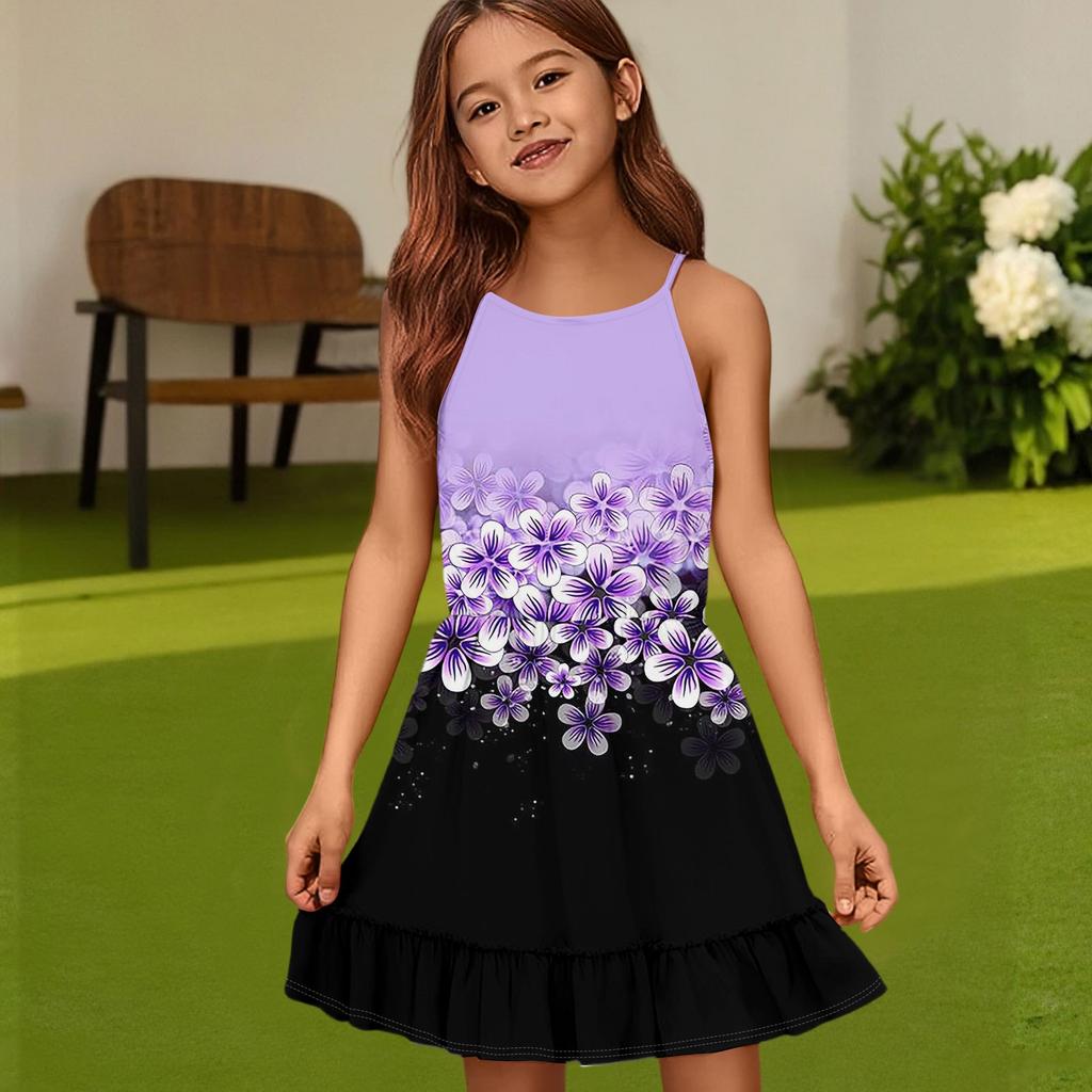 Rochie de vară casual pentru copii, cu gât rotund, culoare uni, fără mâneci