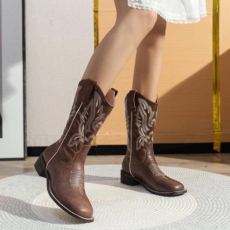 He Sui's same western cowboy boots women's 2024 new retro embroidered knight boots thick heel thick sole medium tube knight boots