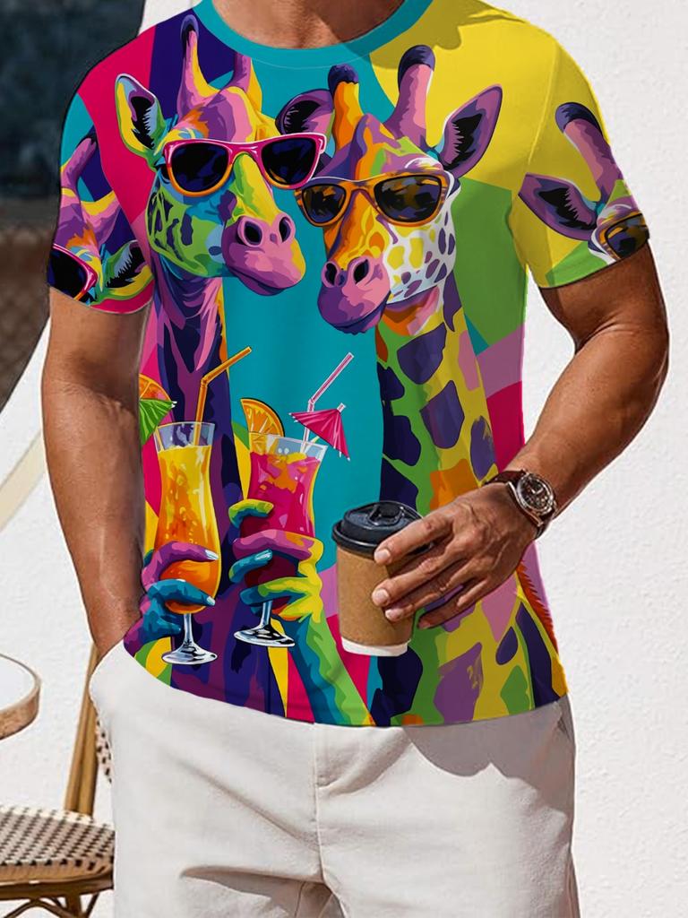 Men's Plus Size Giraffe Print T-Shirt - Full-Body Giraffe Short Sleeve Crew Neck Top, Loose Fit Breathable Summer Beachwear Suitable for Casual