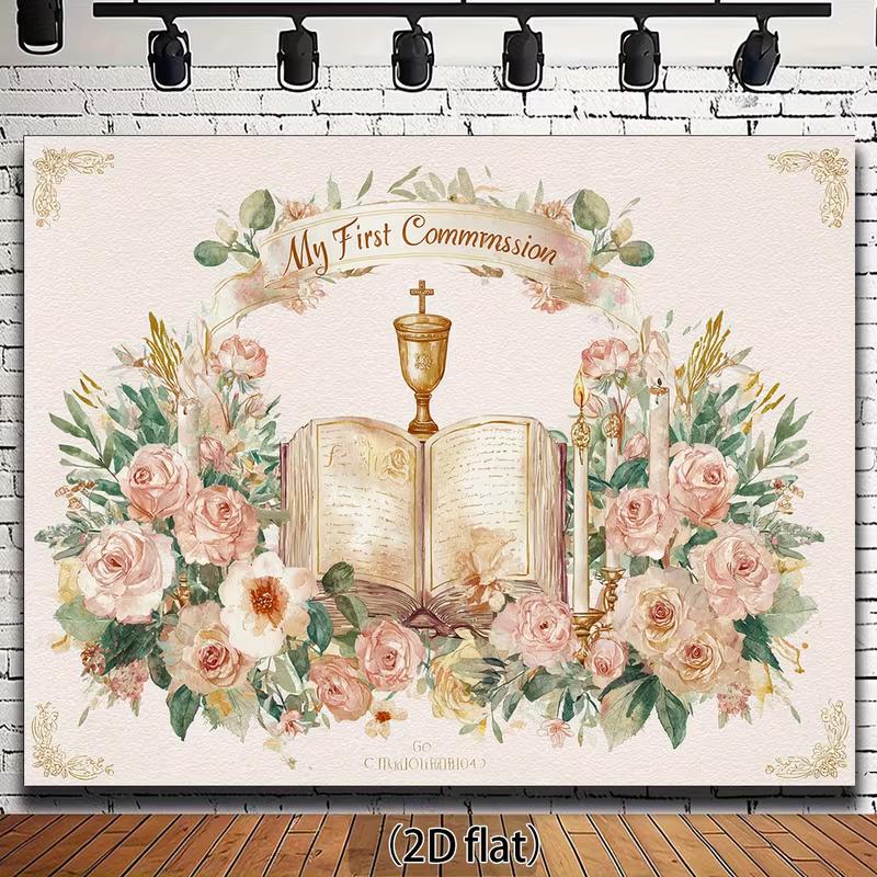 

2D Watercolor Style First Communion Backdrop Bible Chalice & Pink Roses Themed Banner 47.2x31.5inch/120*80cm