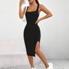 Summer Women Sleeveless Square Neck Sheath Dress Solid Color Elastic Side Split Skinny OL Commute Breathable