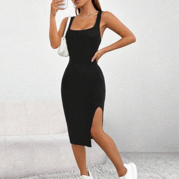 Summer Women Sleeveless Square Neck Sheath Dress Solid Color Elastic Side Split Skinny OL Commute Breathable