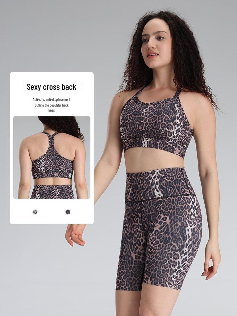 Leopard Print Thin Strap Yoga Bra with Chest Pads - Push-up High Elastic Sports Vest