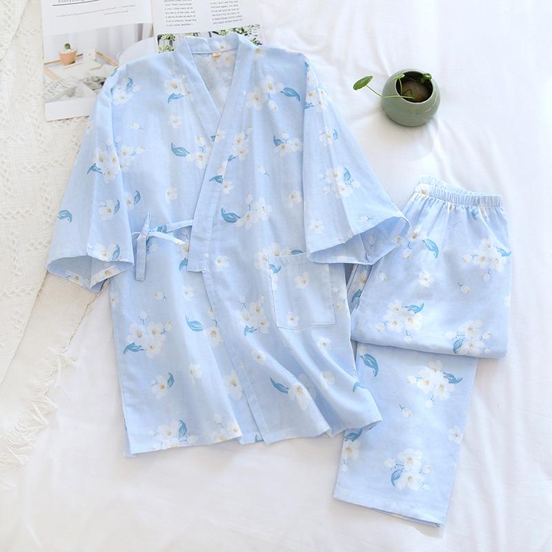 GMXIA Pajamas Women's Spring and Autumn Cotton Gauze Breathable Three-quarter Sleeve Home Wear Two-piece Set Summer Light Style Pajama Sets