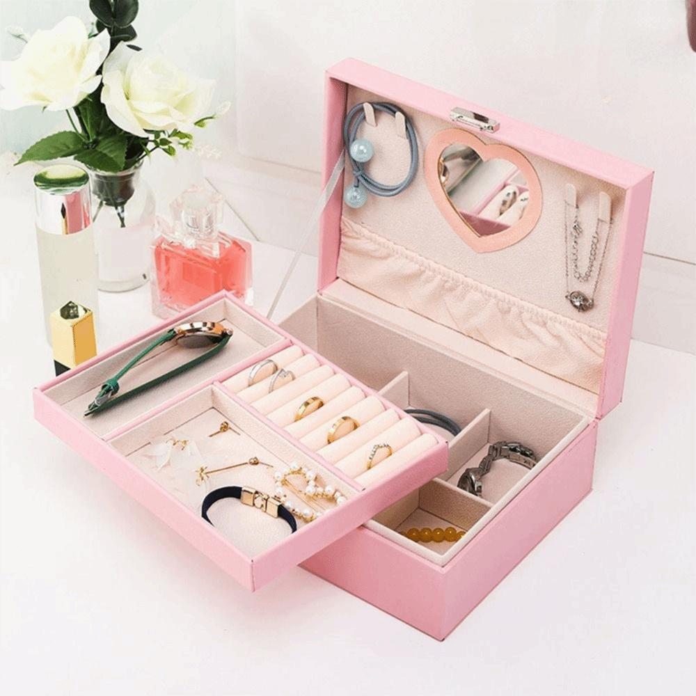 PU Double Layer Jewelry Box Dustproof Jewelry Display Case Practical Cosmetics Box  for Home