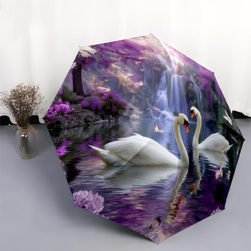 1 PC Automatic Folding Umbrella - Swan Dance Pattern, Portable & Foldable Design with 8 Ribs, Christmas Birthday Gifts