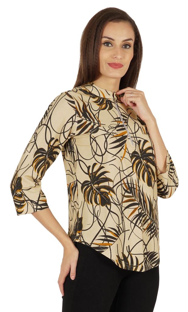Inkmeso Fashionable Printed Casual Top For Women  s Mandarin Collar Relaxed-Fit Tunic