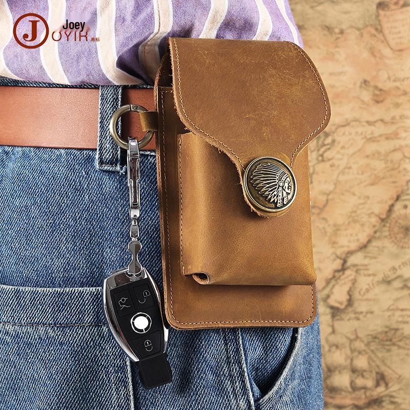 Men's Genuine Leather Fanny Pack: Mad Horse Waist Bag, Belt Loop Phone Holder for Outdoor Sports.
