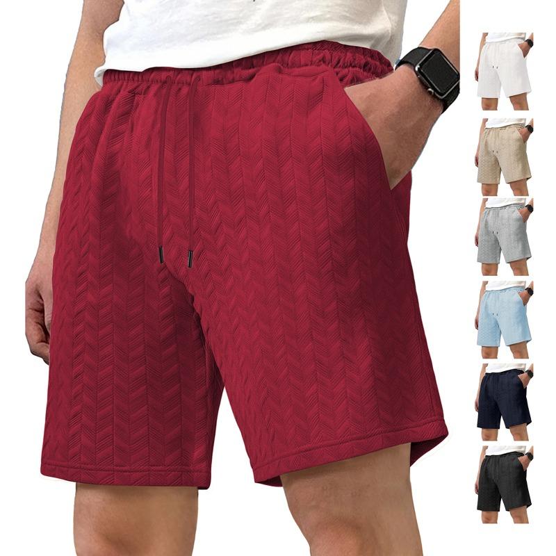 Summer Loose Solid Color Shorts Jacquard Fabric Tied Rope Men's Casual Shorts Beach Pants