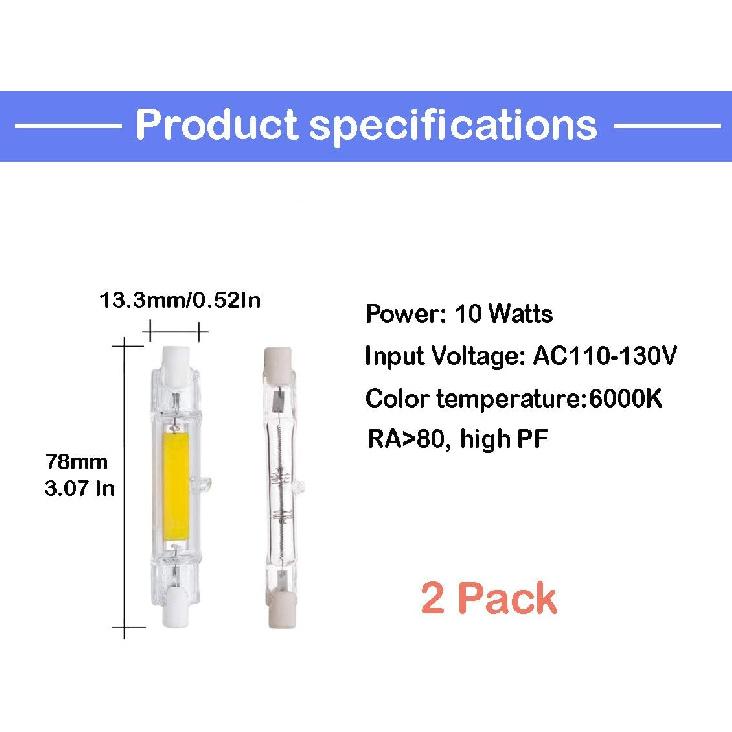 CTKcom 78 Mm/3.1 In R7S LED Bulb (2 Pack) 120V 10W White 6000K T3 J Type Halogen Bulb Replacement 100W Halogen Bulb Equivalent Double Ended