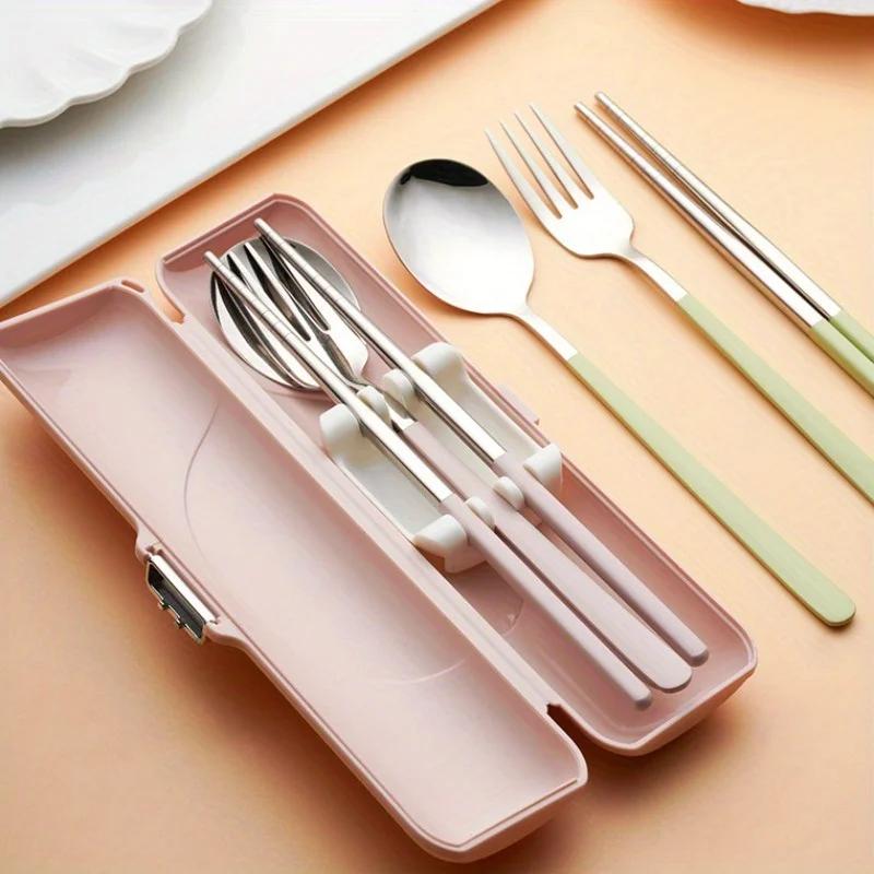 3pcs stainless steel portable cutlery spoon fork and chopsticks storage box gift Travel set for Outdoor,Picnic,School New year