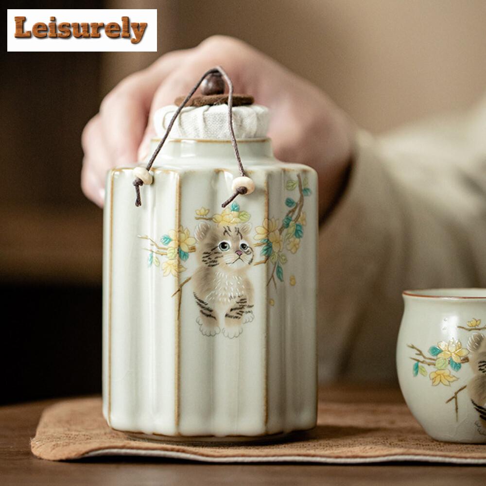 400ml Cream Ru Kiln Cute Cat Tea Box Organizer Moisture-proof Luxury Storage Tank Containers Tea Caddy Chinese Tea Set Ornaments