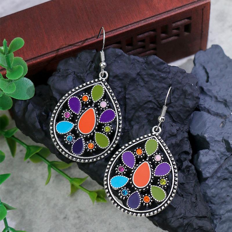 Ethnic Boho Colorful Enamel Earrings For Women Bomemian Retro Hollow Flower Round Geometric Vintage Drop Dangle Earrings Jewelry