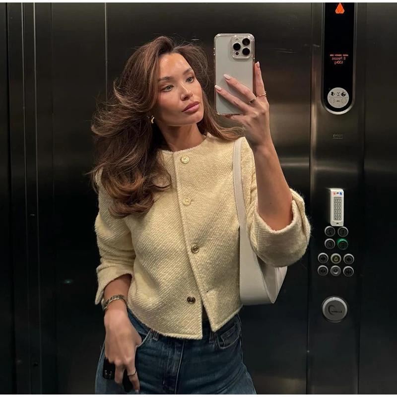 Осенний элегантный твидовый пиджак женский винтажный шерстяной однобортный с круглым — фото 13