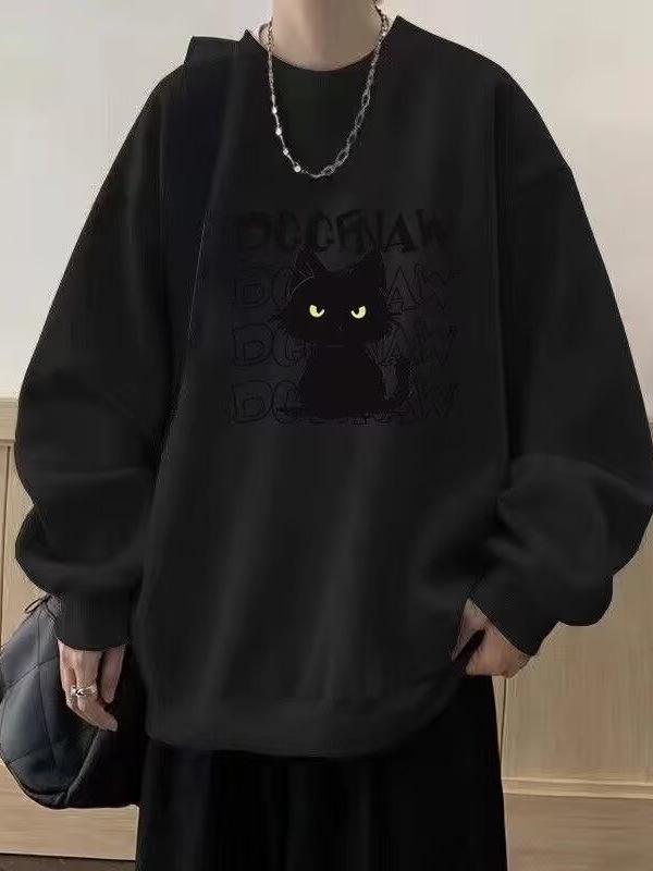Men's Stylish Printed Round Neck Cat Hoodie - Autumn/Winter Loose Casual Plus Velvet Top