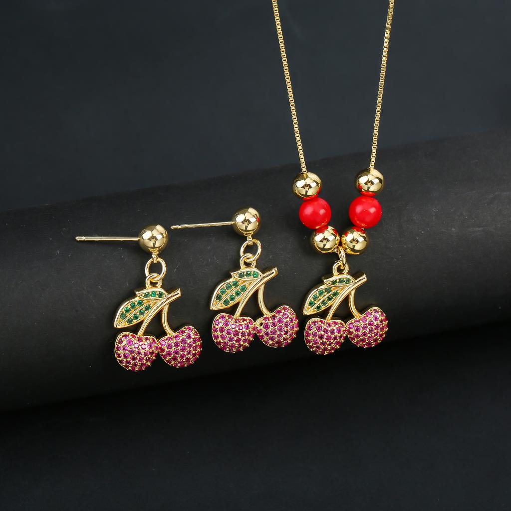 2pcs 22 Style Fashion Fruit Cherry Zircon Crystal Jewelry Set Earrings Necklace  For Women Female New Trend Party Jewelry Gift