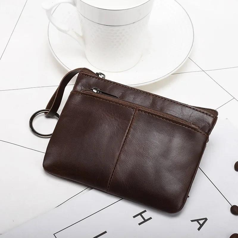 Vintage Genuine Leather Coin Purse Card Holder Mini Bag Retro Solid Color Zipper Clutch Wallet Key Holder for Men Women