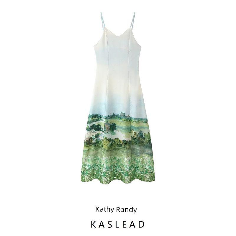 Kaslead New Arrival Women's Clothing Fashion Style Fashion Simple and Thin Sling Waist Trimming Printing Dress
