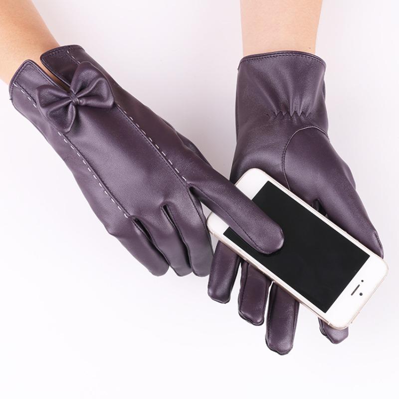 New Autumn and Winter Women's Touch Screen Leather Gloves Bow Color Warm Fleece Riding Touch Screen Gloves Winter