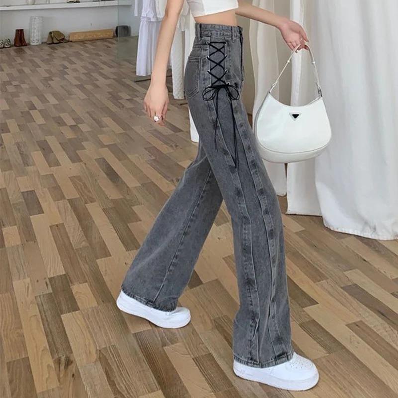 Y2K Street Women Jeans Pants American High Waist Lace Up Chic Female Casual Pants Korean Vintage Ladies Wide Leg Trousers