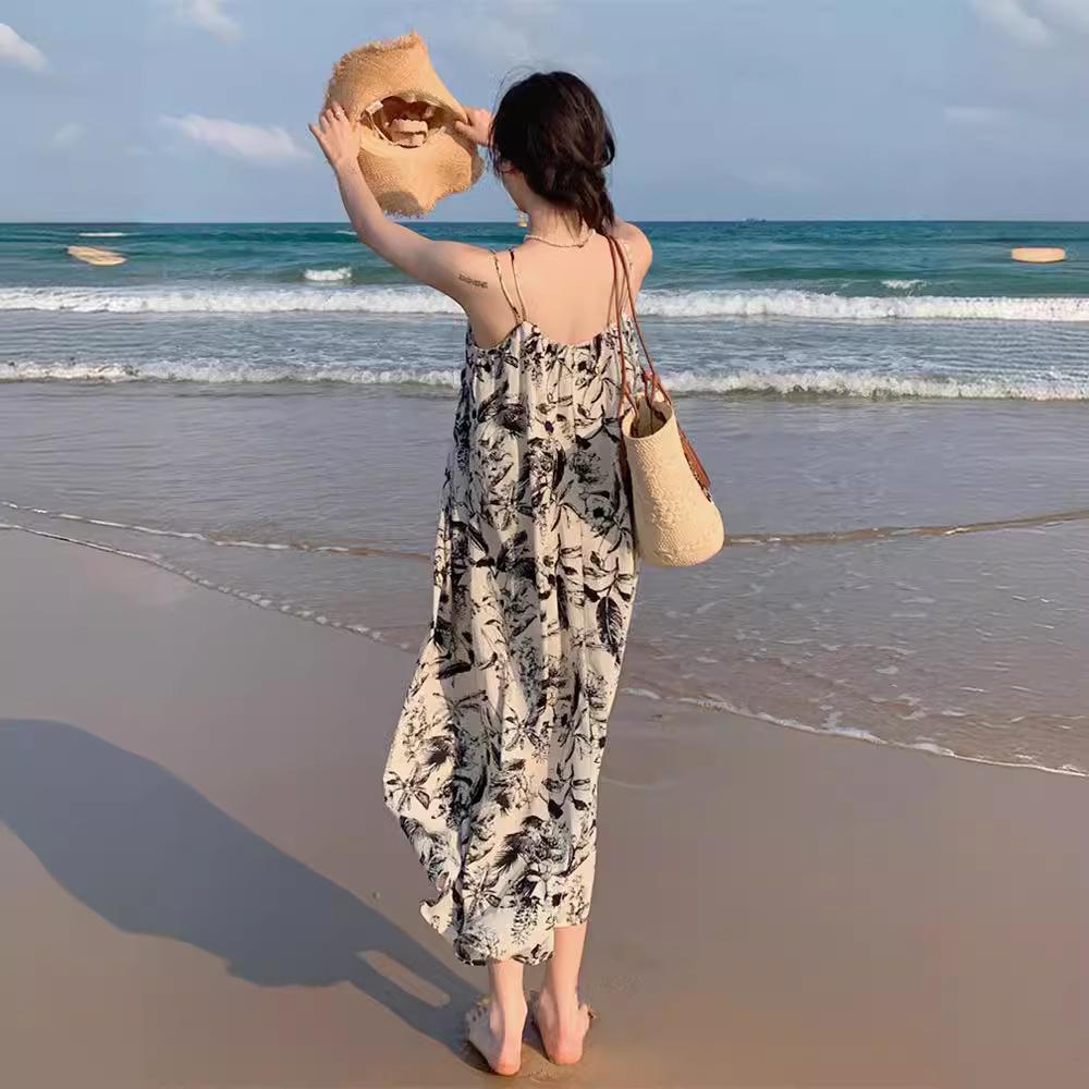 2024 French Ink Floral Suspender Beach Dress: High-End Summer Wear for Women