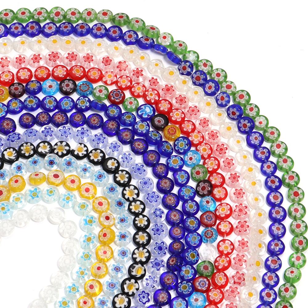 1 Strang 6/8/10mm Flache Runde Blumenperlen Lampwork-Perlen Bunte Glasperlen Für Armband Armreif Damen Mädchen DIY Schmuckherstellung