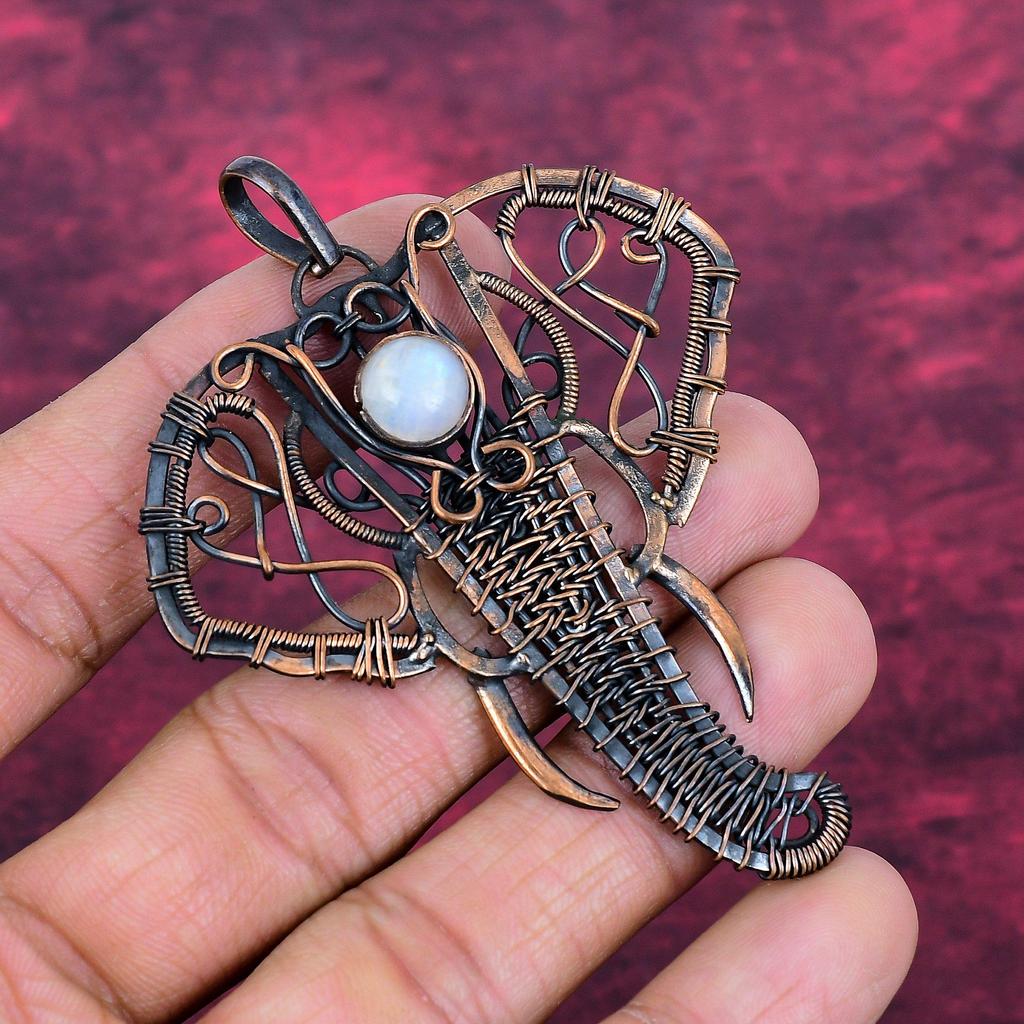 Rainbow Moonstone Pendant Copper Wire Wrapped Elephant Jewelry Gemstone Pendant