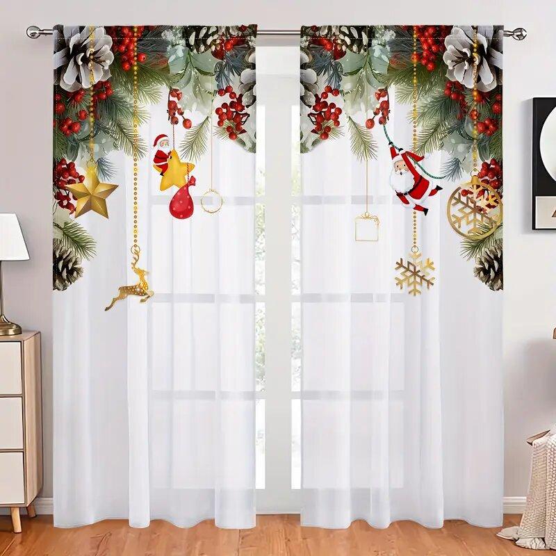 2 Pieces - Christmas atmosphere printed curtains, pole bag curtains, home decoration, room decoration