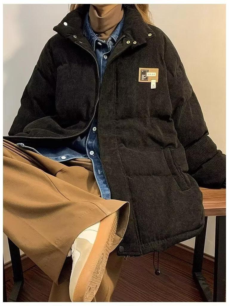 American Style Corduroy Patchwork Cotton Jacket - Stand Collar, Loose Fit, Thick Padded Winter Coat.