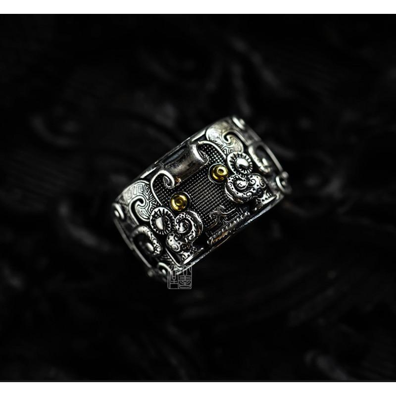 Verstellbarer Offener Ring Herren Damen Sterling Antiker Bestien-Motiv Vintage-Stil Geometrisches Statement