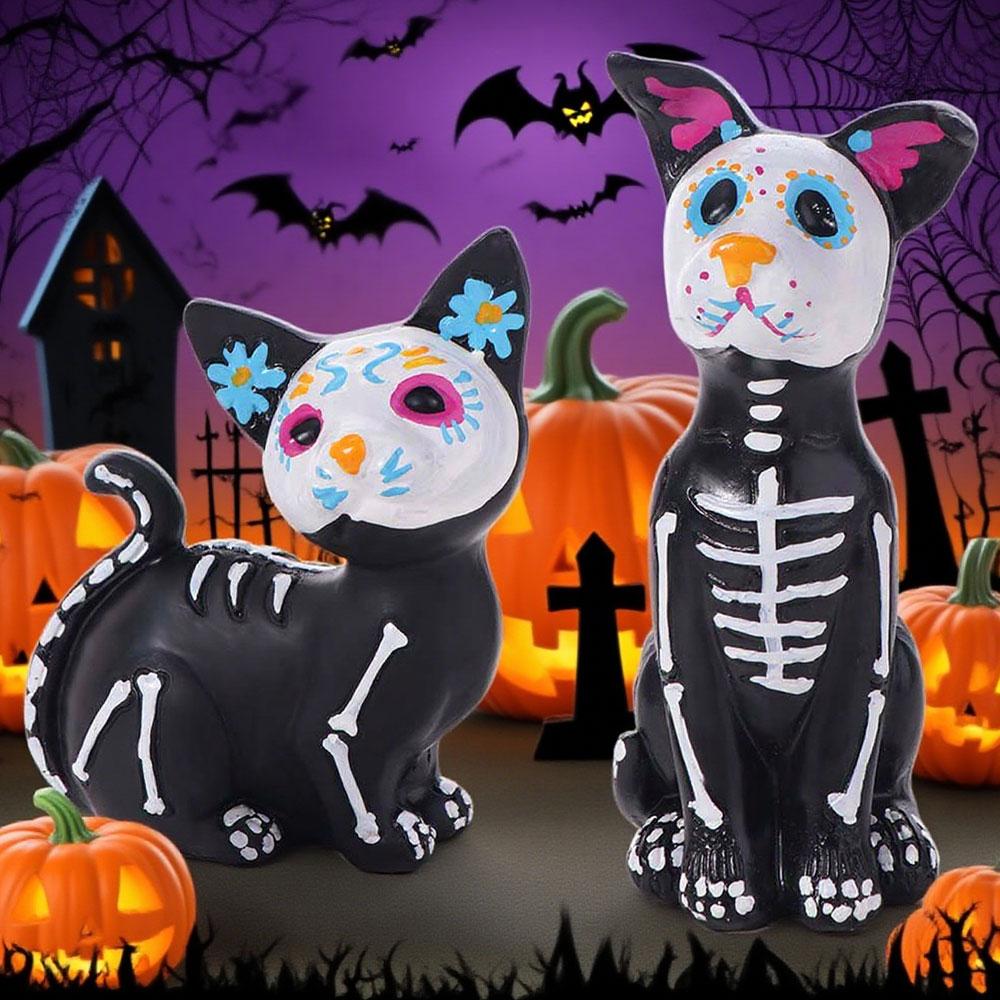 Colorful Black Cat Skeleton Figurine Resin Black Cat Statue Halloween Black Dog Figurine Cabinet