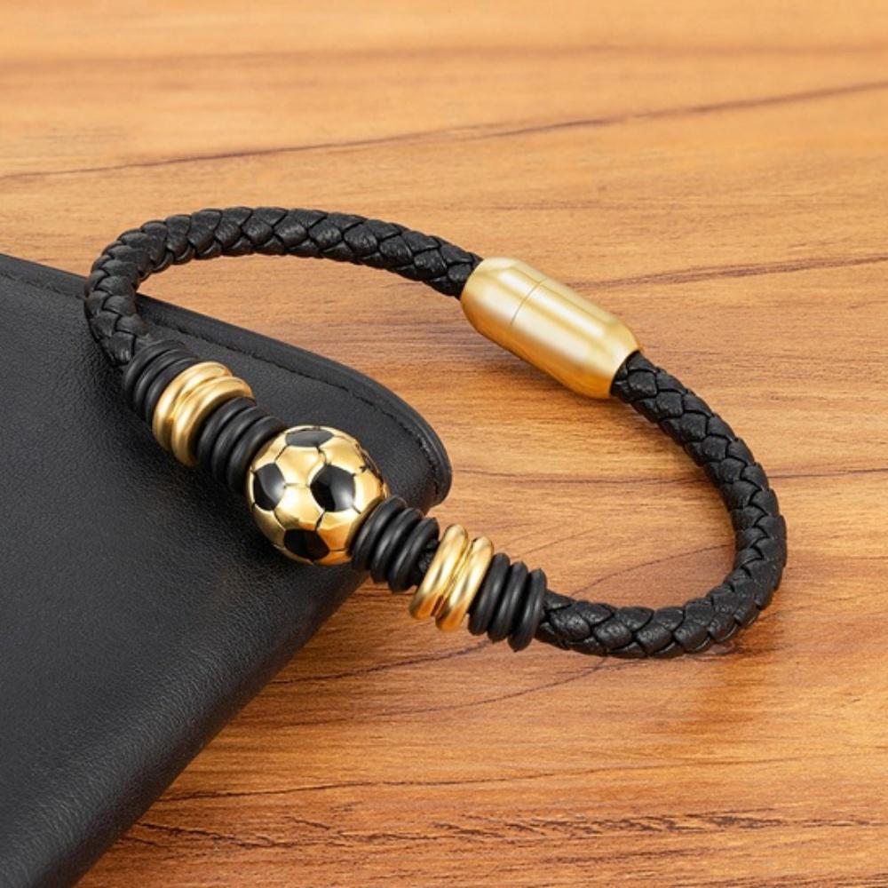 Hot Stainless Steel Geometric Bead Soccer Leather Woven Bracelet Unisex Trendy Fashion Charm Versatile Sports Jewelry Gift