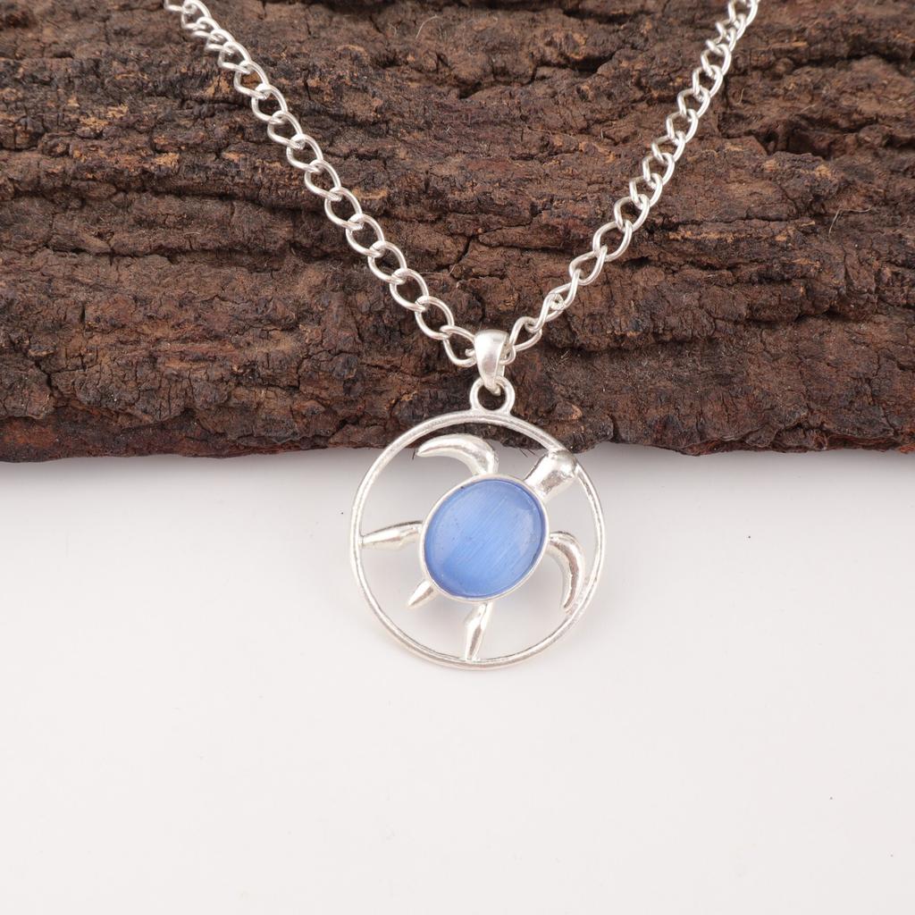 Dark Blue Cat's Eye Gemstone 925 Solid Silver Jewelry Handmade Pendant For Women CP-2-47