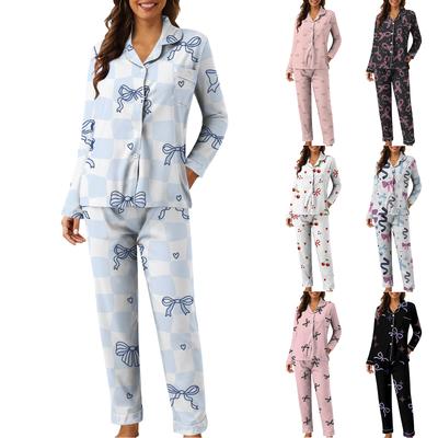 Women's Casual Fashion Loose-Fit Bow Print Long-Sleeved Trousers Homewear Set