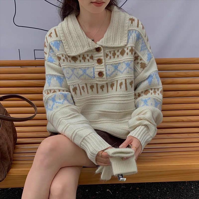 Elegant Printed Loose Knitted Women Sweater Autumn Winter Outer Wear Loose Thickened Sweaters Long Sleeve Casual Office Tops Simple Lapel Clothing
