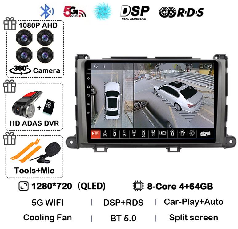 Android 14 Car Radio For Toyota Sienna XL30 2009 2010 - 2014 Multimedia Video Player Navigation Stereo GPS Auto Carplay 8G+128GB