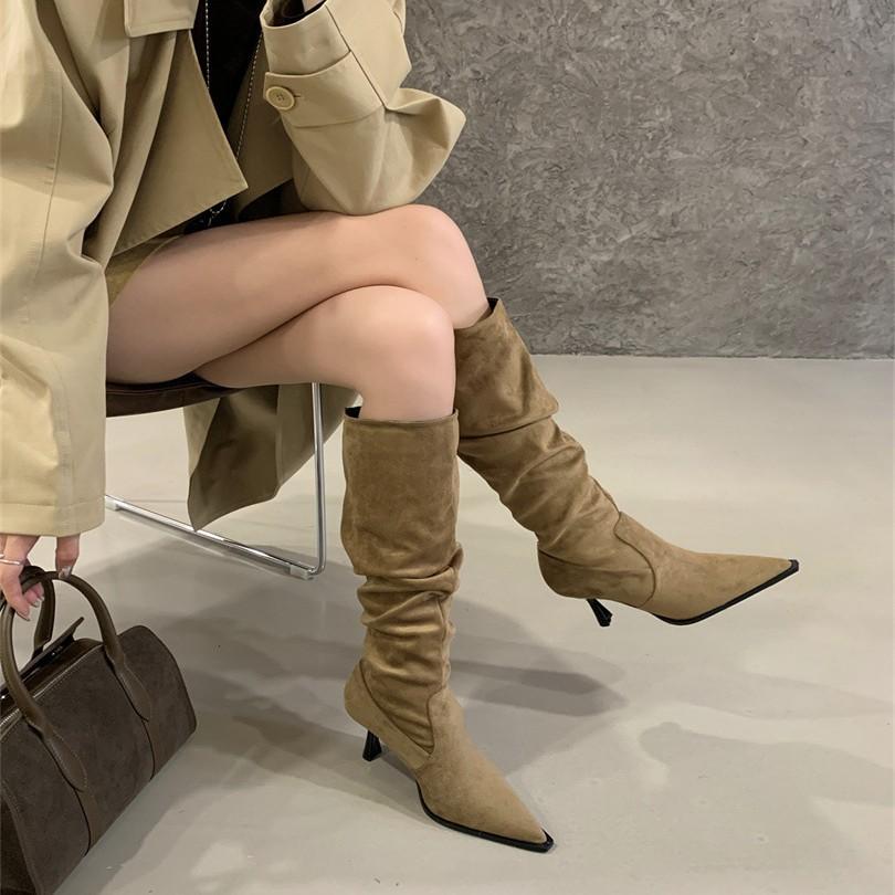 High Heel Pointed Khaki Suede Pile Boots Women's Shoes 2025 Autumn and Winter Single Boots Skinny Long Knight Boots