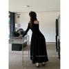 French Hepburn style one-word shoulder long-sleeved dress women's clothing autumn waist thin small black dress temperament A-word long dress