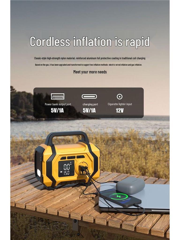 Car Emergency Jump Starter & Pump: All-in-One Ignition, Inflation, and Dust Blower.