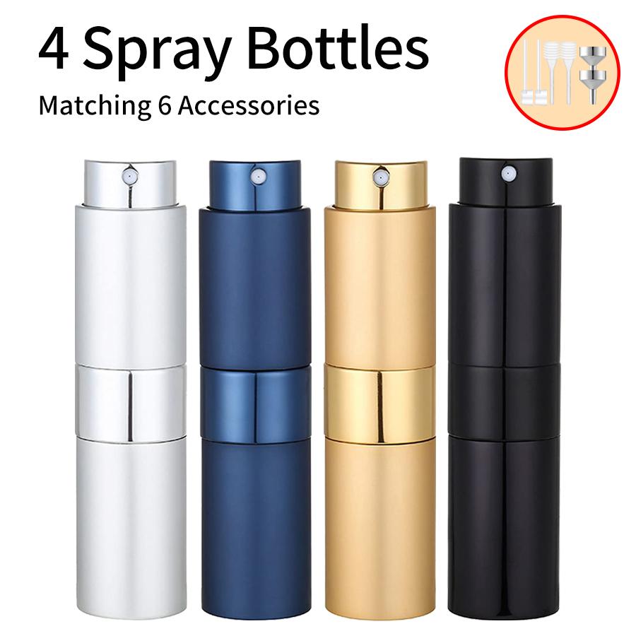 4PCS+6 Accessories Perfume Atomizer Refillable with 5 Spray Bottles, 2 Aluminum Funnel, 2 Dispensing Shenanigans, 2 Spring Straw