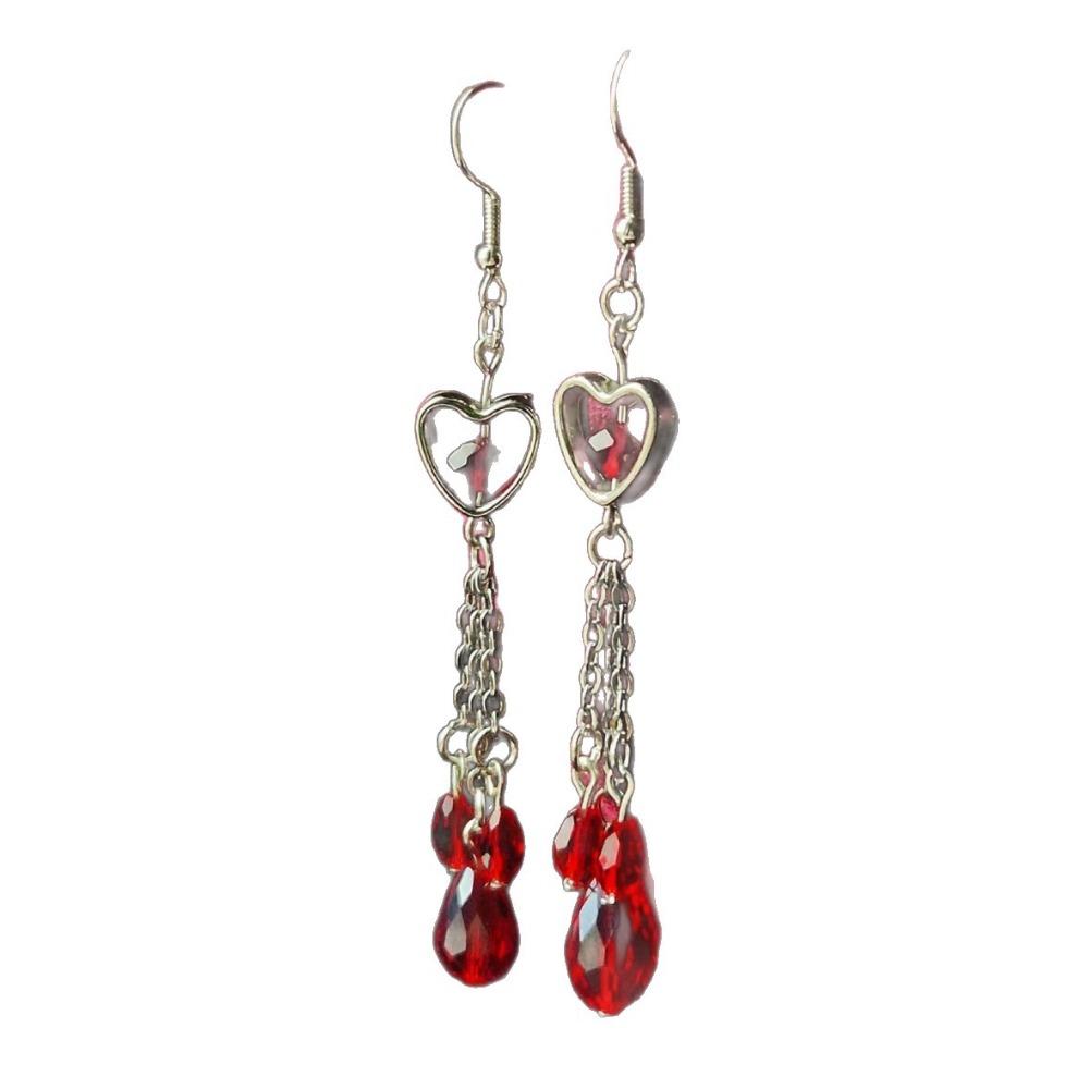 Charm Gothic Sliver Color Hollow Heart-shaped Pendant Red Teardrop-shaped Tassels Dangle Earrings for Women Halloween Jewelry
