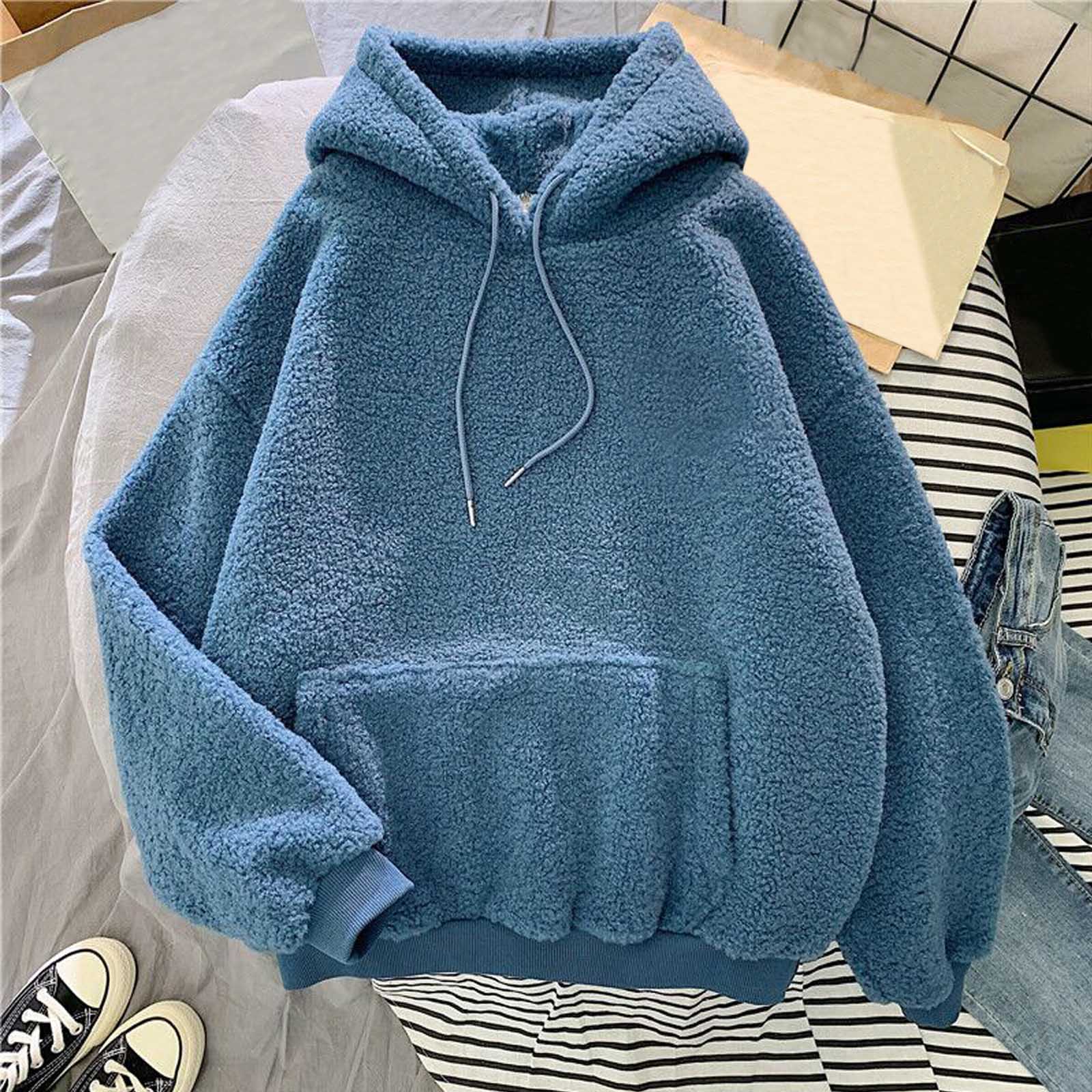 

Женская модная однотонная толстовка с капюшоном и длинными рукавами из теплой овечьей шерсти, повседневный топ-худи L синий