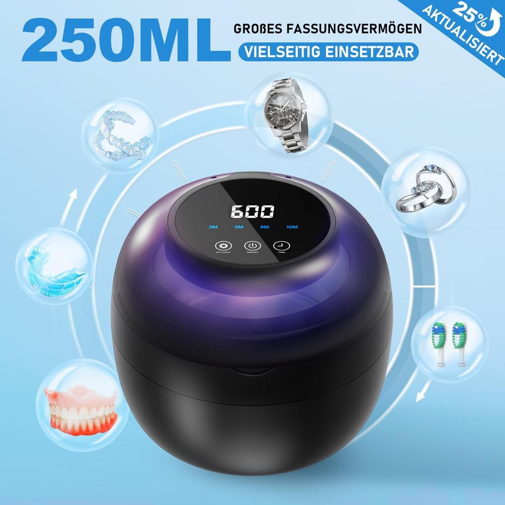 Ultrazvukový čisticí přístroj, 42000 Hz Zubní pouzdro, 4lampový UV čistič pro zubní rovnátka, Ortodontické aparátky, Zadržovací aparát, Zubní protézy, Aligner, Protetické náhrady, Šperky