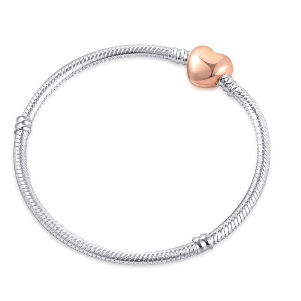

925 Sterling Silver Snake Chain Bracelet for Women Heart Cubic Zirconia Charms Bangle Rose Gold Plated DIY Fashion Jewelry Gift 21cm
